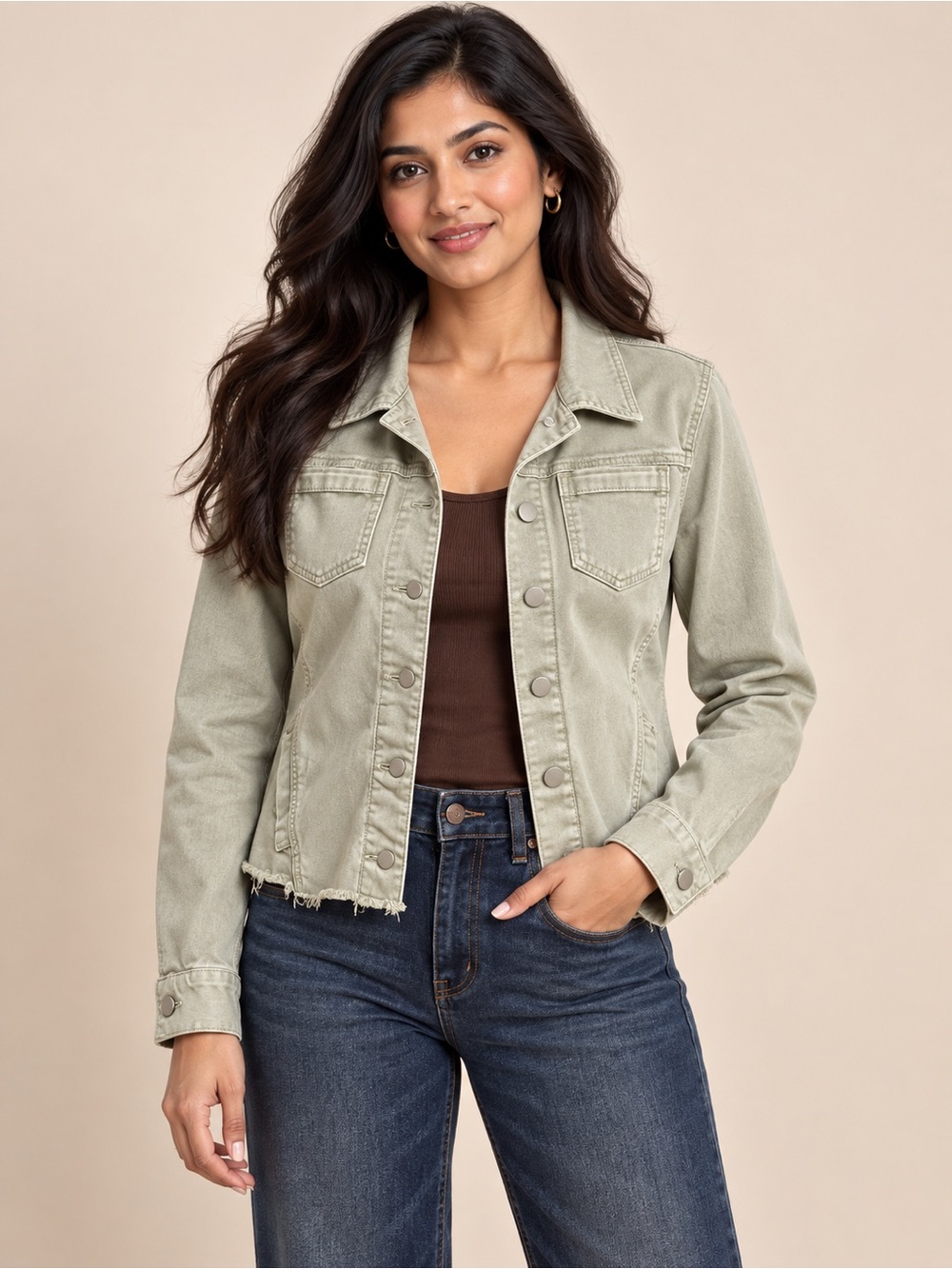 Tribal Sage Green Stretch Denim Frayed Hem Jacket – Petite Small